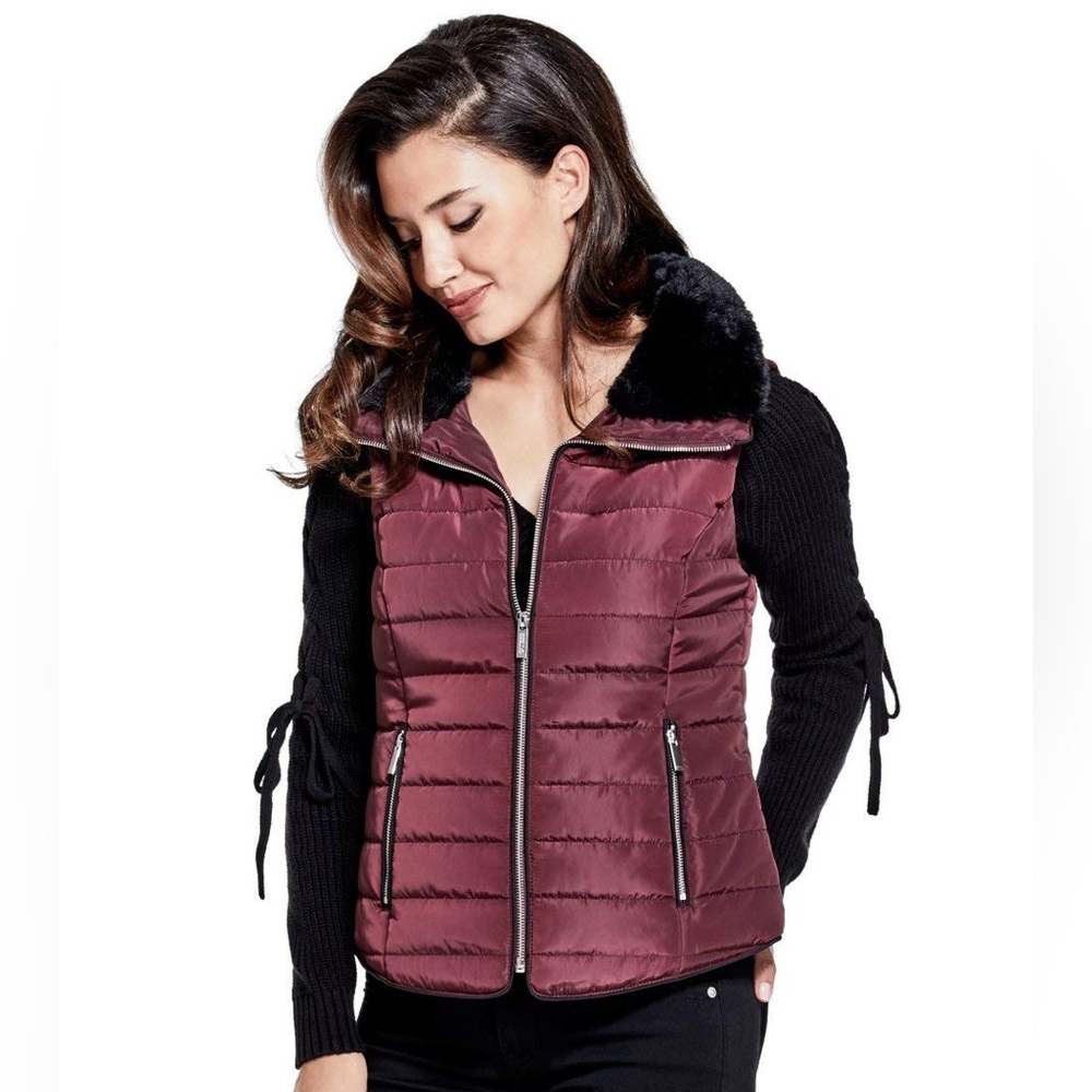 Guess Women’s Front Runner Puffer Vest With Faux Fur- Small